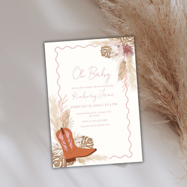 Boho Cowgirl Boots Pampas Grass Baby Dusche Einladung (Boho Cowgirl Boots Pampas Grass Baby Shower Invitation)