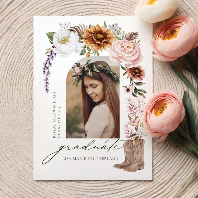 Boho Cowgirl Country Western Foto Abschluss Ankündigung (Boho Cowgirl Country Western Photo Graduation Announcement Front)
