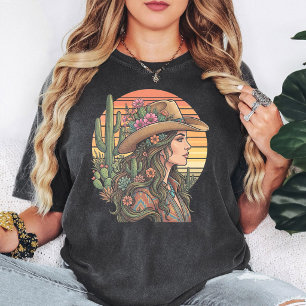 Boho-Cowgirl Wüsten-Sonnenuntergang Kaktus Blumen T-Shirt
