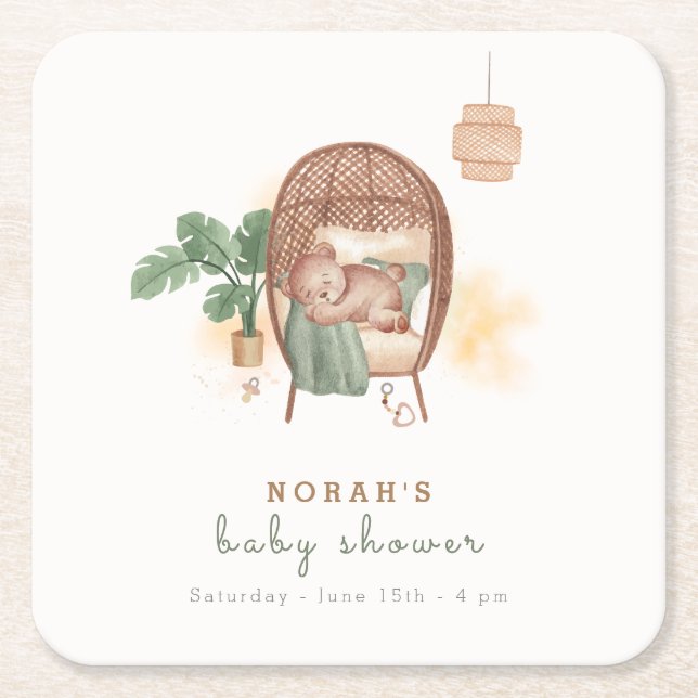Boho Cozy Teddy Bear Sleep Baby Dusche Rechteckiger Pappuntersetzer (Vorderseite)