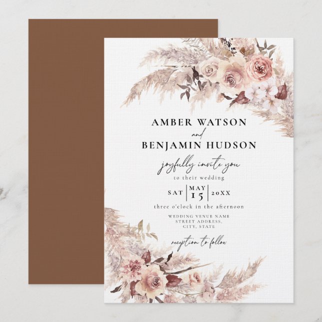 Boho Cream Beige Pampas Grass Floral Wedding Einladung (Vorne/Hinten)