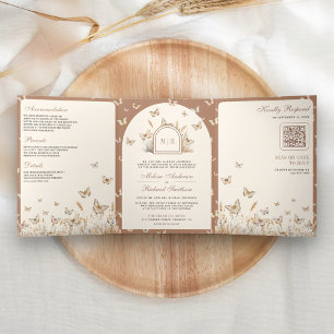 Boho Cream Beige Wildblume Butterfly Arch Wedding Dreifach Gefaltete Einladung
