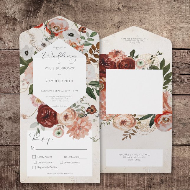 Boho Cream Burgundy Fall Floral Dinner All In One Einladung (Boho Cream Burgundy Fall Floral Dinner All In One Invitation)