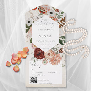 Boho Cream Burgundy Fall Floral QR-Code All In One Einladung