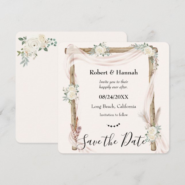 Boho Cream Floral Wedding Arch Save the Date (Vorne/Hinten)