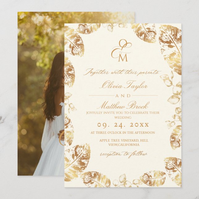 Boho Cream Gold | Elegante Hochzeit im Herbst Einladung (Vorne/Hinten)