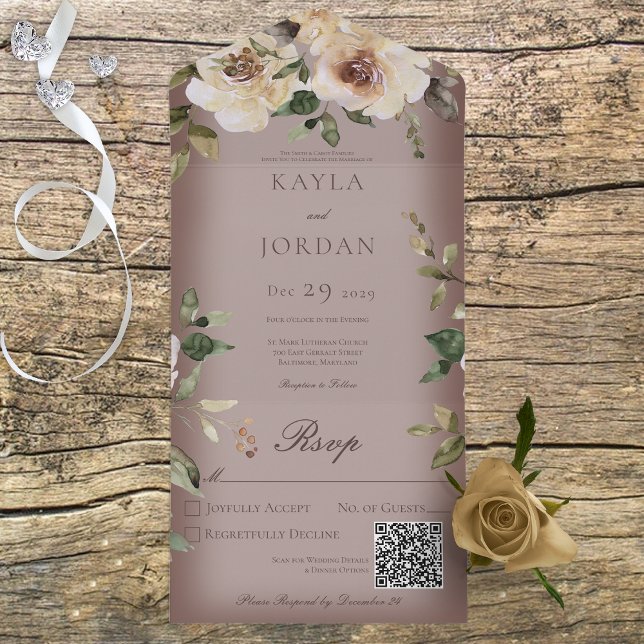 Boho Cream Rose Brown QR-Code All In One Einladung (Von Creator hochgeladen)