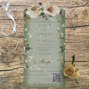 Boho Cream Rose Sparkle Sage Green QR-Code All In One Einladung