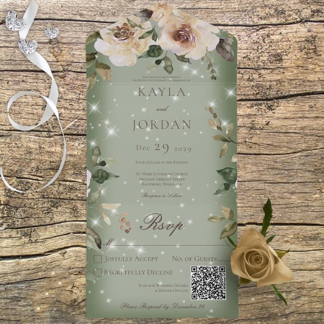 Boho Cream Rose Sparkle Sage Green QR-Code All In One Einladung (Von Creator hochgeladen)