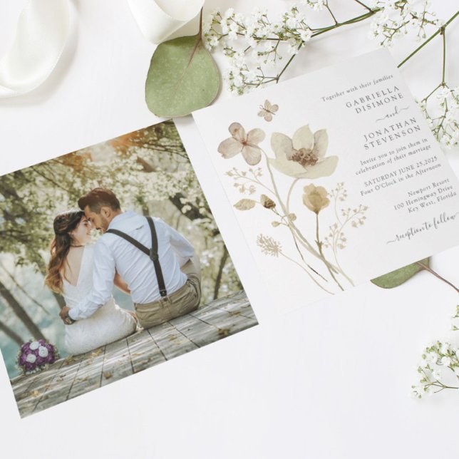 Boho Cream Watercolor Wildblumen Foto Hochzeit Einladung (Von Creator hochgeladen)