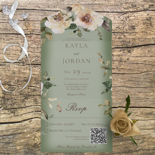 Boho Creme Rosen Salbeigrün QR Code All In One Einladung