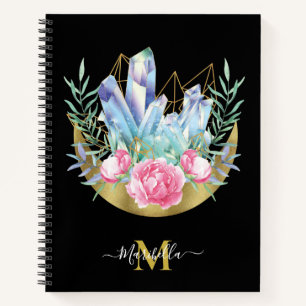 Boho Crescent Moon Crystal Cluster Pink Roses Notizbuch