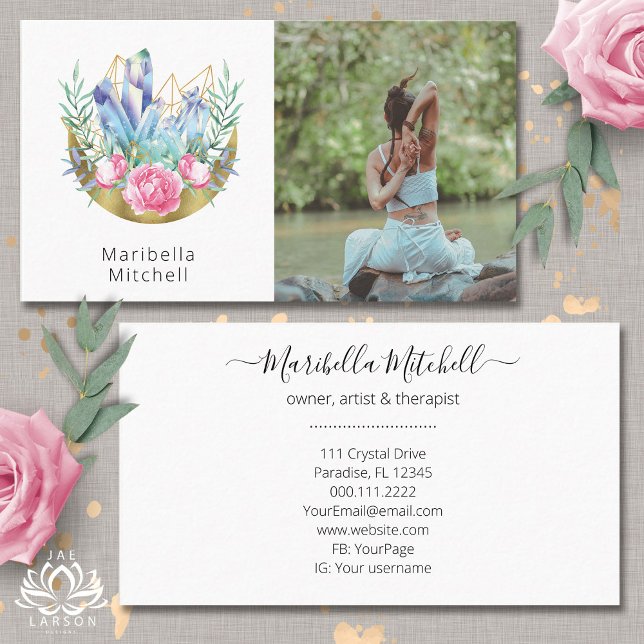 Boho Crescent Moon Crystals Pink Roses Foto Visitenkarte (Von Creator hochgeladen)