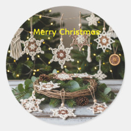 Boho Crochet Snowflake Weihnachtsaufkleber Runder Aufkleber