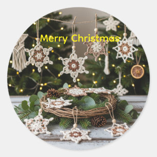 Boho Crochet Snowflake Weihnachtsaufkleber Runder Aufkleber