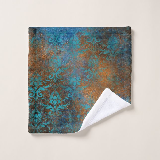 Boho Cuivre bleu Floral Damask Grunge (Gant de toilette)