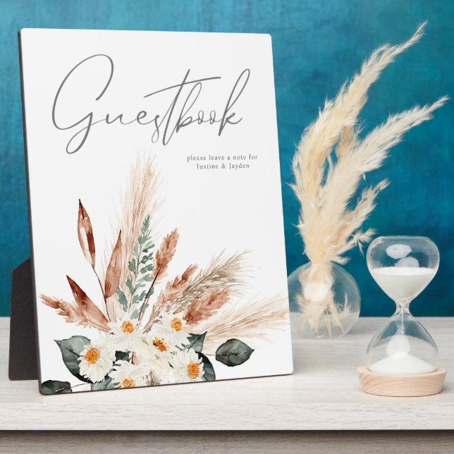 Boho Cuivre Pampas & Beige Floral Guestbook Plaque (Côté)