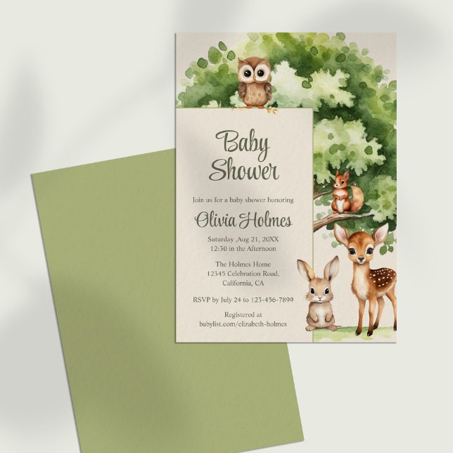 Boho Cute Baby shower Animaux de bois Invitation (Boho Cute Woodland Animals Baby Shower Invitation against a neutral backgraound.)