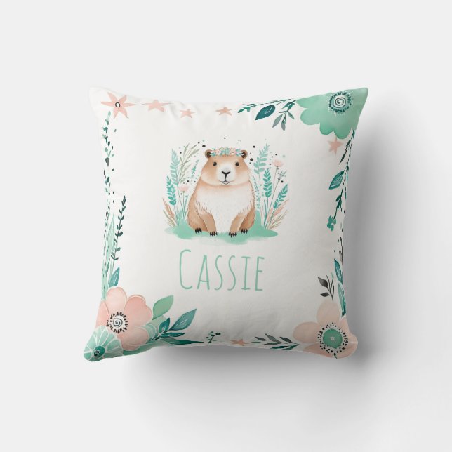 Boho Cute Capybara Coussin Pastel Green (Verso)