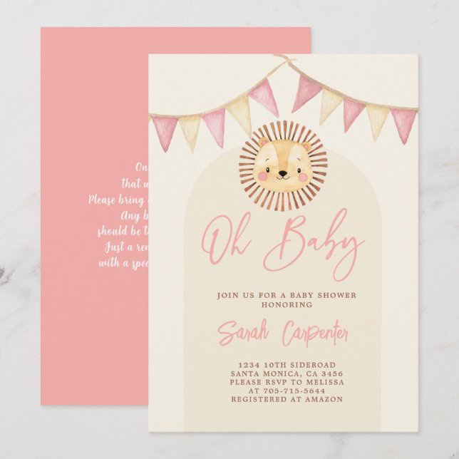 Boho Cute Lion Baby shower Invitation fille (Devant / Derrière)
