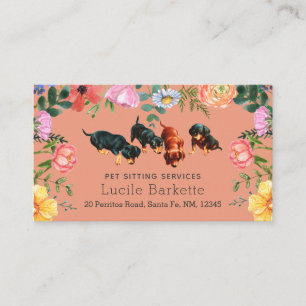 Boho-Dachshund-Haustiersitting Wildblumen Koralle  Visitenkarte
