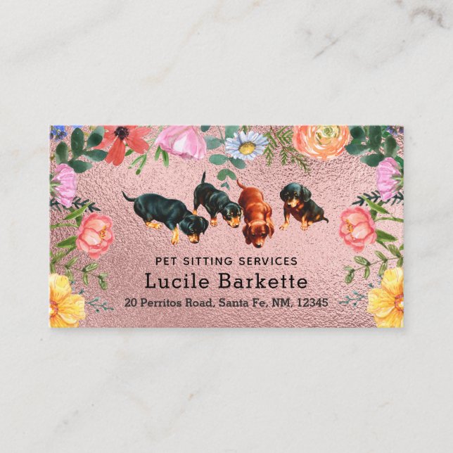 Boho Dachshunds Haustiersitting Wildblumen Rosa Fo Visitenkarte (Vorderseite)