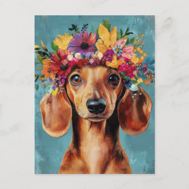 Boho Dackel mit Blumenkranz Postkarte (Vorderseite)