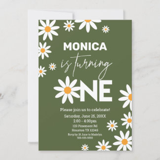 Boho Daisies One Birthday Party green invitation Einladung