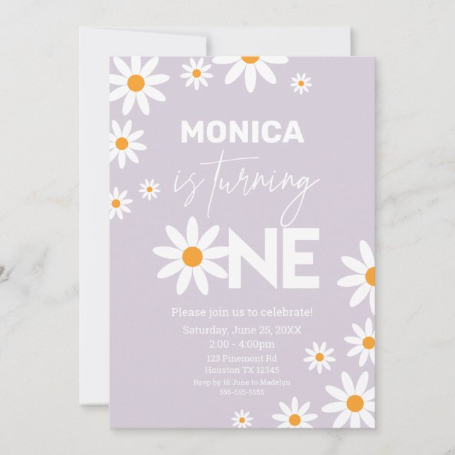 Boho Daisies One Birthday Party lilac invitation Einladung (Vorderseite)
