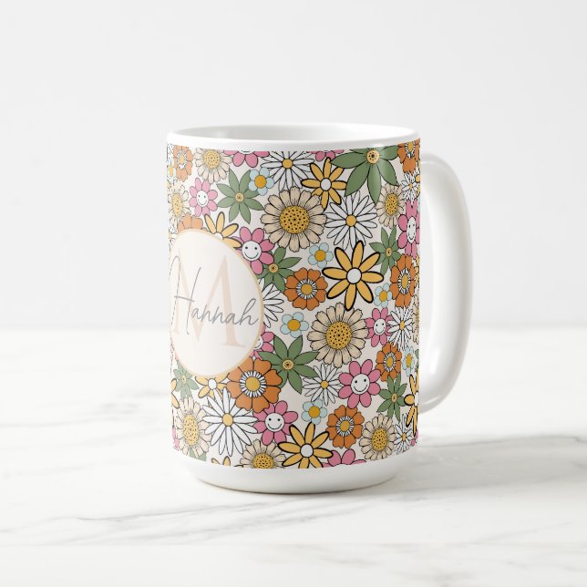 Boho Daisy Blume 70er Groovy Floral Kaffeetasse (VorderseiteRechts)
