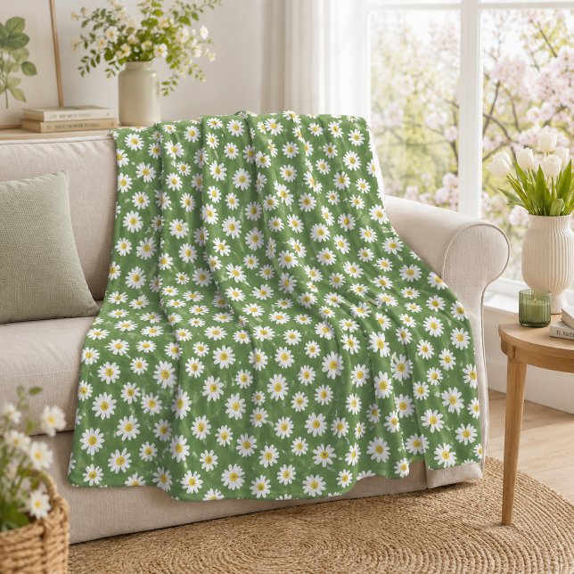 Boho-Daisy-Blumenmuster Grün Fleecedecke (Von Creator hochgeladen)