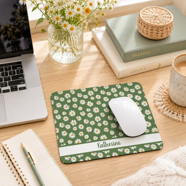 Boho-Daisy-Blumenmuster Grüner Name Mousepad (Von Creator hochgeladen)