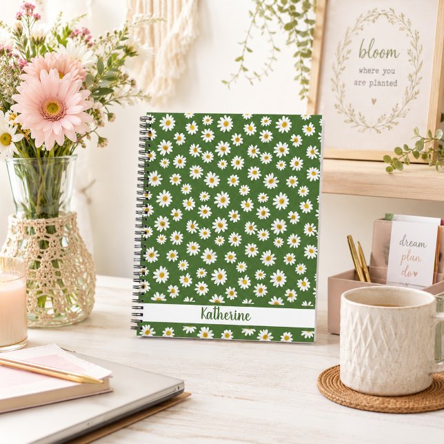 Boho-Daisy-Blumenmuster Grüner Name Notizbuch (Von Creator hochgeladen)