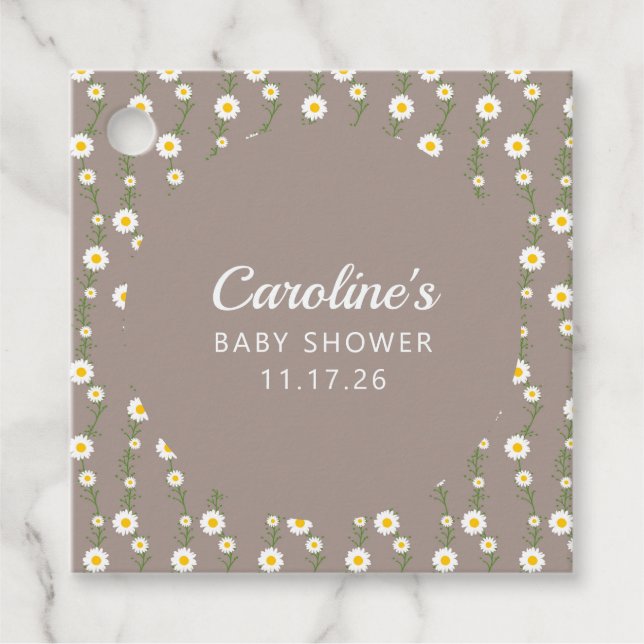 Boho Daisy Chain Taupe Custom Script Baby Dusche Geschenkanhänger (Vorderseite)
