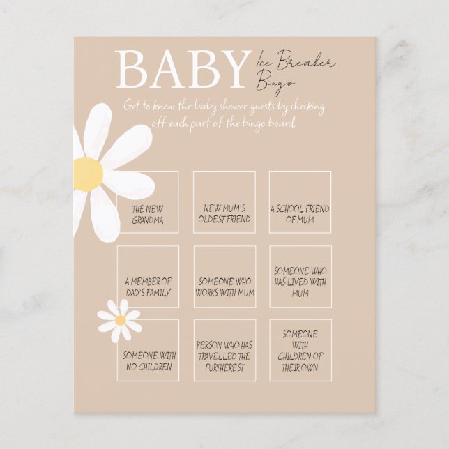 Boho Daisy Floral Baby Ice Breaker Bingo Game (Vorderseite)