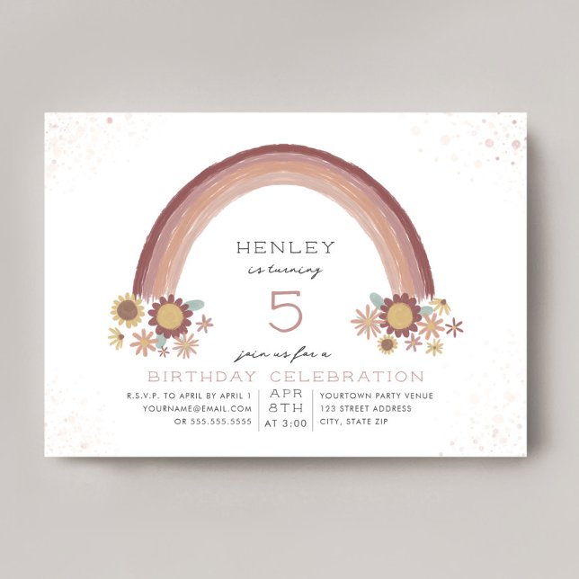 Boho Daisy Floral Rainbow Pink Birthday Einladung (Von Creator hochgeladen)