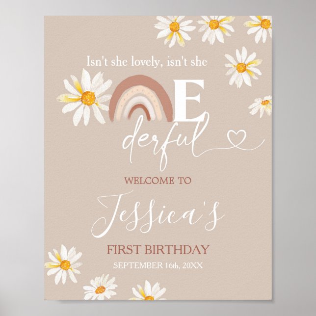 Boho Daisy Rainbow Onederful Birthday Welcome sign Poster (Vorne)