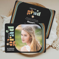 Boho Daisy Retro Text Foto Graduation Party