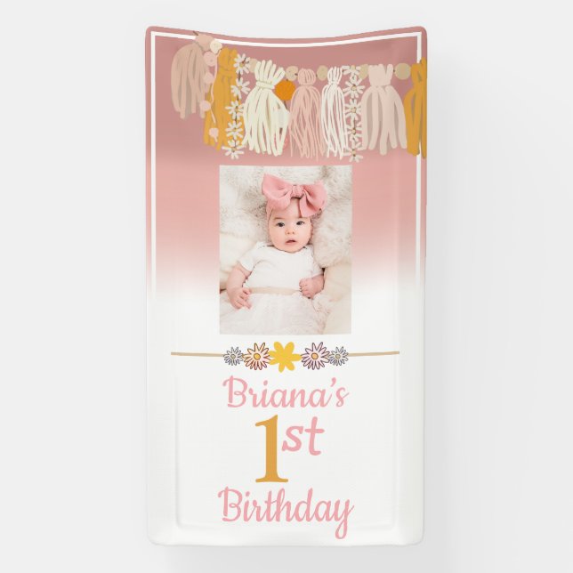 Boho Daisy Tassel Custom Foto Pink Erster Geburtst Banner (Vertikal)