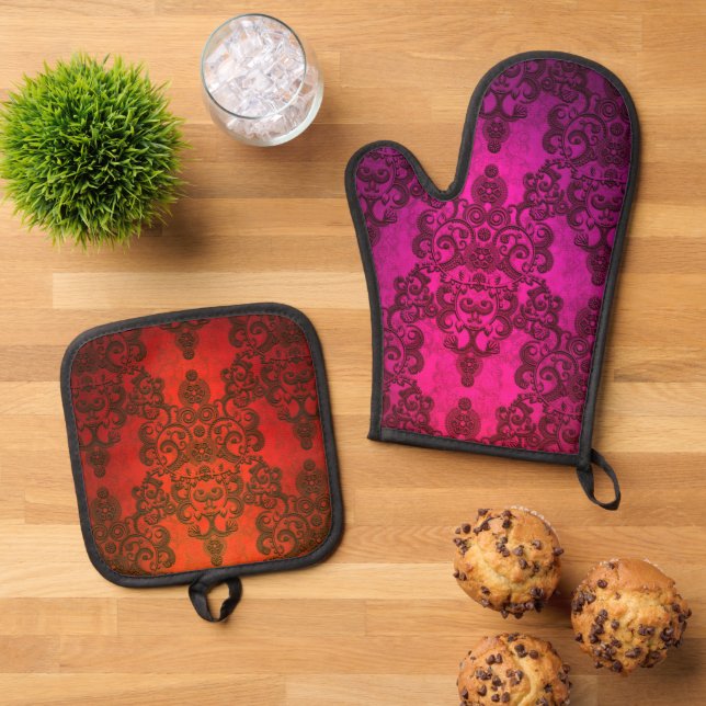 Boho Damask Vibranntes rosa und rotes Muster Ofenhandschuh & Topflappen-Set (Oben Unten)