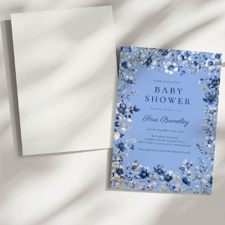 Boho Dark and Dusty Blue Wildblumen Babydusche Einladung