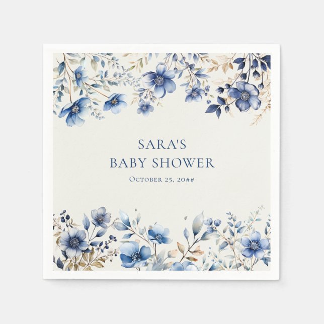 Boho Dark and Dusty Blue Wildblumen Babydusche Serviette (Vorderseite)