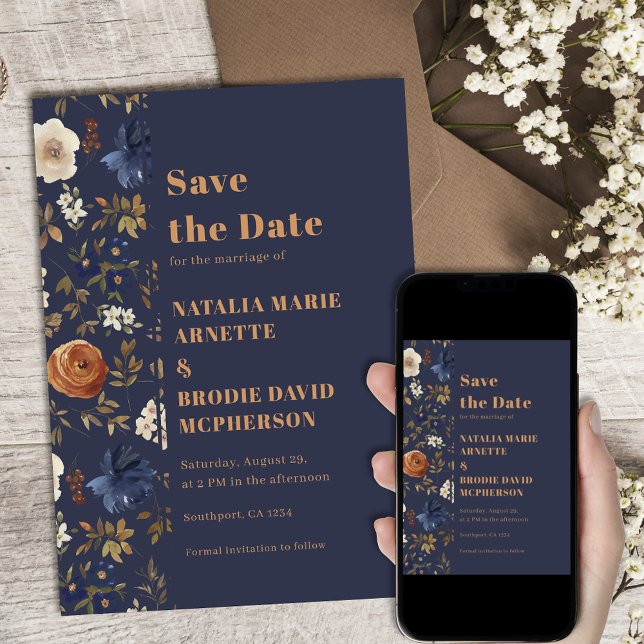 Boho Dark Blue Floral Wedding Save the Date (Von Creator hochgeladen)