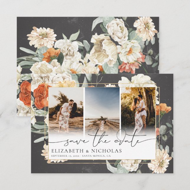 Boho Dark Floral | 3 Foto Hochzeit Save The Date (Vorne/Hinten)