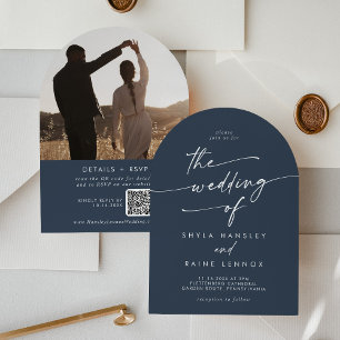 Boho Dark Navy Blue Foto QR Code Arch Wedding Einladung