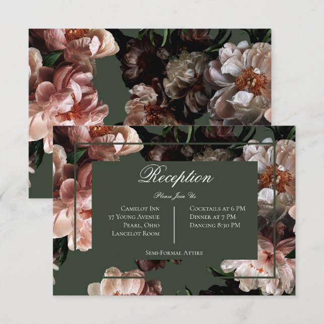 Boho Dark Peony Blume Hochzeitsempfang Begleitkarte (Vorne/Hinten)