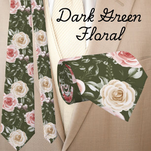 Boho Dark Sage Green Blush Creme Floral Neck Tie Krawatte