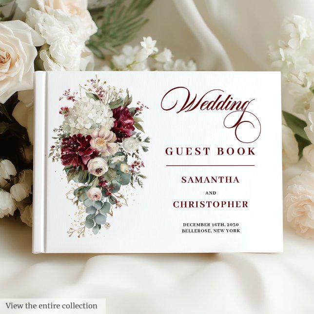 Boho Deep Red Blush Gold Blumenzettel Gästebuch (Boho deep red blush gold floral wedding guest book

)