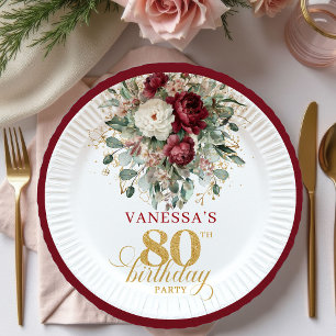 Boho Deep Red Floral Gold 80. Geburtstag Papier   Pappteller