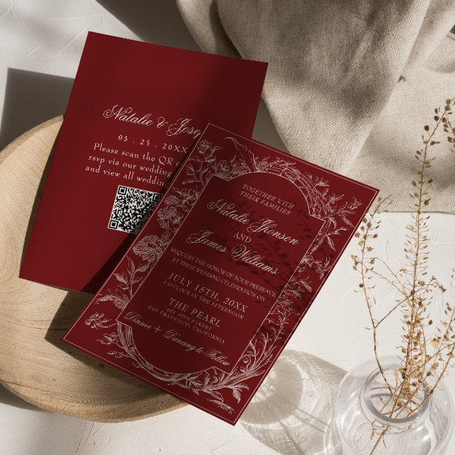 Boho Deep Red Floral QR Code Botanische Hochzeit Einladung (Von Creator hochgeladen)